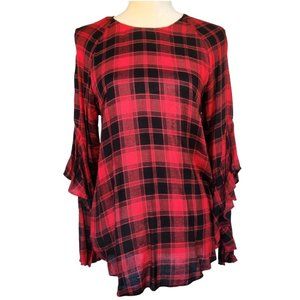 New w/Tags Mustard Seed Brand Red & Black Plaid Keyhole Back Blouse Sz Small